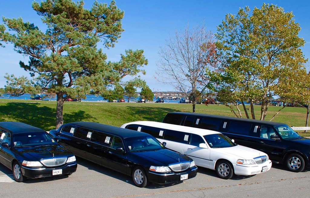 Three black and one white limousine are parked for affordable limo service for rental