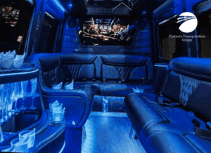 Luxury limousine interior with blue ambient lights